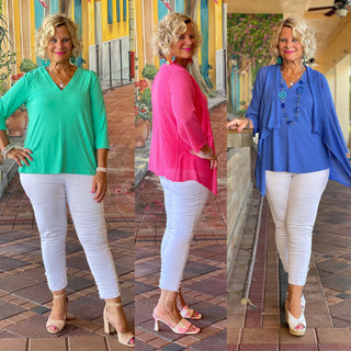 SOLID TAILORED V NECK SLEEVE TOPS
