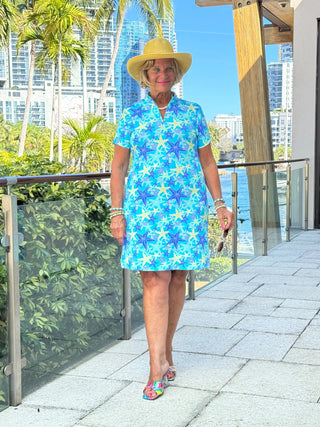 LULU B STARFISH SPLASH HALF ZIPPER SHORT SLEEVE DRESS LULU-B