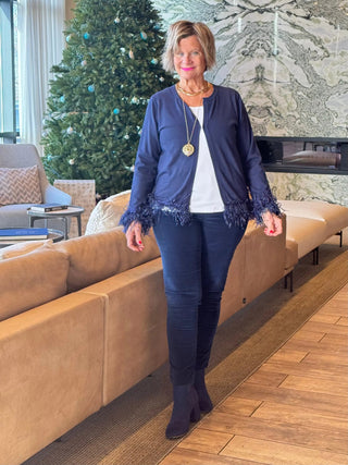 LULU-B NAVY CASHMERE FRINGE FANCY CARDIGAN LULU-B