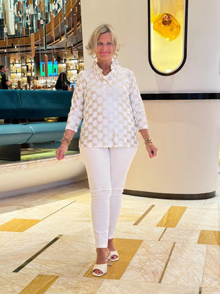 HOLIDAY GOLD AND WHITE RUFFLE TOP LULU-B
