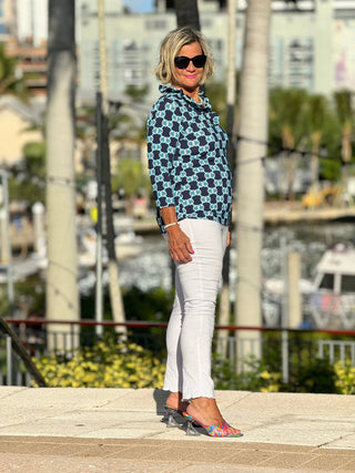 BLUE MEDALLION RUFFLE SLEEVE TOP LULU-B