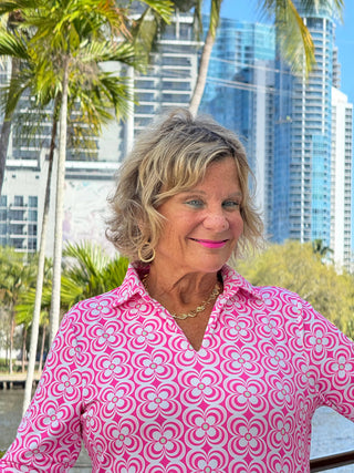 LULU B TROPIC PETALS 3/4 SLEEVE V-NECK COLLAR SHIRT LULU-B