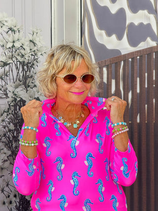 LULU B SEAHORSE BAY 3/4 SLEEVE V-NECK COLLAR SHIRT LULU-B