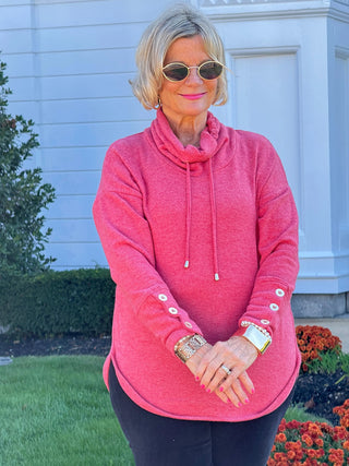 Women's Cowl Neck Cozy Hatchi Drawstring Top CHERRY Cathys Place