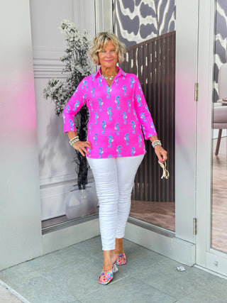 LULU B SEAHORSE BAY 3/4 SLEEVE V-NECK COLLAR SHIRT LULU-B