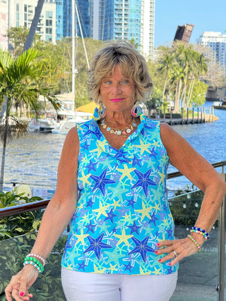 LULU B STARFISH SPLASH SLEEVELESS RUFFLE TOP LULU-B