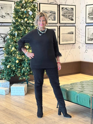 LULU-B BLACK SCOOP NECK FRINGE FANCY SWEATER LULU-B