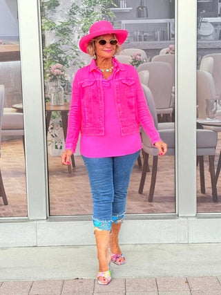 HOT PINK 3/25 SLEEVE RUFFLE TOP LULU-B