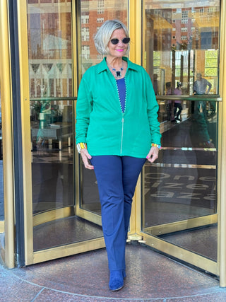 Crystal Zipper Cardigan with Collar Kelly Green Cathys Place