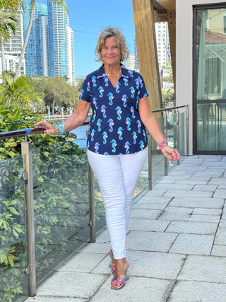 LULU B MIDNIGHT REEF SHORT SLEEVE V-NECK COLLAR TOP LULU-B