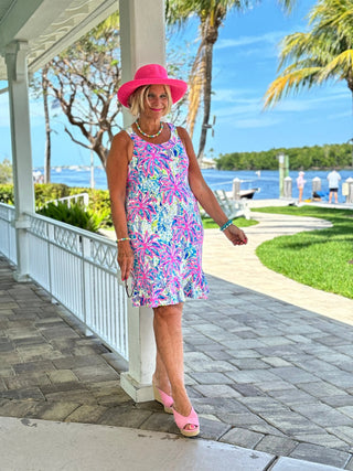 PINK PALM HALTER RUFFLE DRESS LULU-B