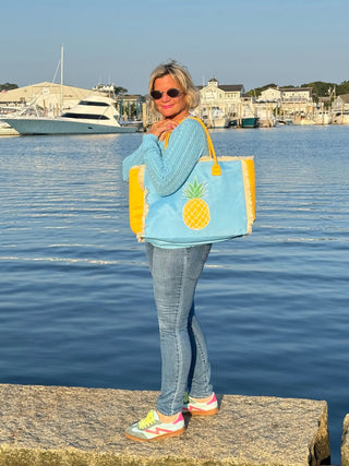 EMBROIDERED PINEAPPLE PATCH FRINGE TOTE BAG. Cathys Place