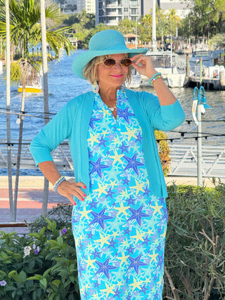 LULU B STARFISH SPLASH MIDI SLEEVELESS 1/4 ZIP MAXI DRESS LULU-B