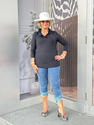 BLACK 3/25 SLEEVE RUFFLE TOP LULU-B