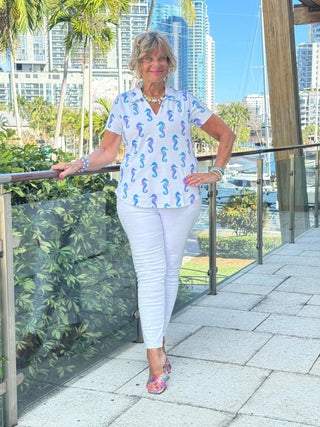 LULU B SHORELINE CHARM SHORT SLEEVE V-NECK COLLAR TOP LULU-B