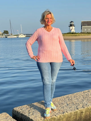 Cable-Knit Cotton PINK  V-Neck Sweater LULU-B