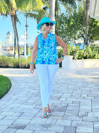 BLUE DREAMING HEARTS SLEEVELESS RUFFLE TOP LULU-B