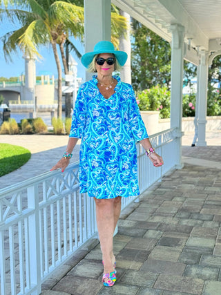 BLUE DREAMING HEART RUFFLE NECK DRESS LULU-B