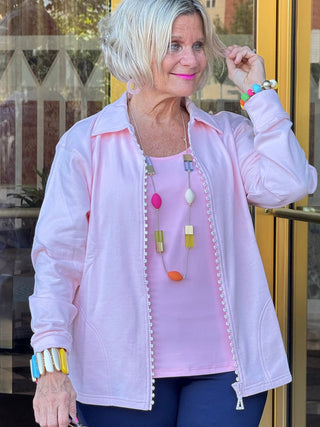 Crystal Zipper Cardigan with Collar Pink Cathys Place