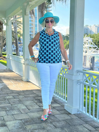 BLUE MEDALLION SLEEVELESS RUFFLE TOP LULU-B
