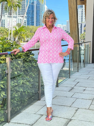 LULU B TROPIC PETALS 3/4 SLEEVE V-NECK COLLAR SHIRT LULU-B