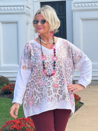 LEOPARD/FLORAL PRINT V-NECK SWEATER Cathys Place