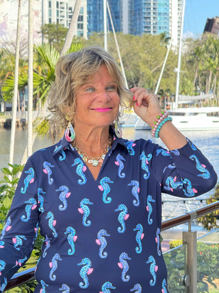 LULU B MIDNIGHT REEF 3/4 SLEEVE V-NECK COLLAR SHIRT LULU-B