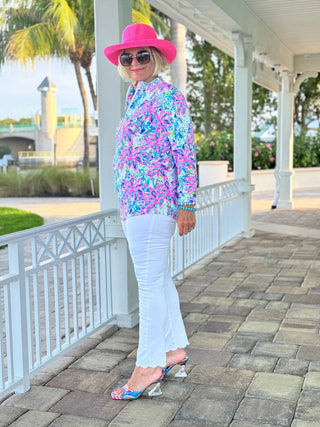 PINK PALM TREE ZIPPER TOP - Cathys Place