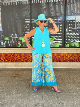 TROPICAL AQUA MARINE PALAZZO PANT CATHYS RESORTWEAR