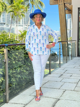 LULU B SHORELINE CHARM 3/4 SLEEVE V-NECK COLLAR SHIRT LULU-B