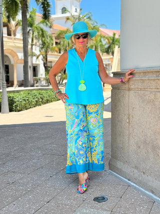 TROPICAL AQUA MARINE PALAZZO PANT CATHYS RESORTWEAR