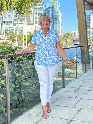 LULU B CORAL BREEZE SHORT SLEEVE V-NECK COLLAR TOP LULU-B