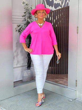 TAILORED HOT PINK SLEEVE V NECK TOP LULU-B