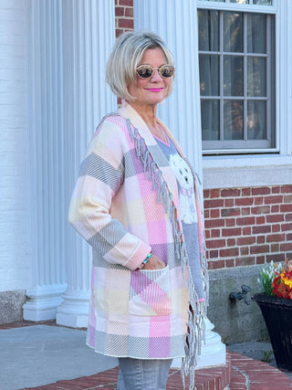 Women's Luxe Plaid Fringed Sweater Cardigan Cathys Place