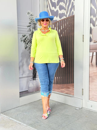 SOLID  LIME 3/25 SLEEVE RUFFLE LULU-B