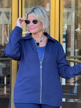 Crystal Zipper Cardigan with Collar Navy Cathys Place