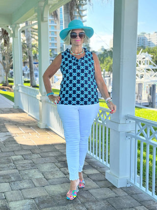 BLUE MEDALLION SLEEVELESS RUFFLE TOP LULU-B