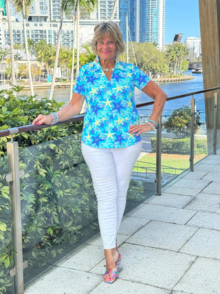 LULU B STARFISH SPLASH SHORT SLEEVE V-NECK COLLAR TOP LULU-B