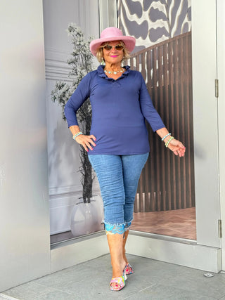 NAVY 3/25 RUFFLE TOP LULU-B