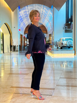 LULU-B NAVY CASHMERE FRINGE FANCY CARDIGAN LULU-B