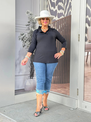 BLACK 3/25 SLEEVE RUFFLE TOP LULU-B