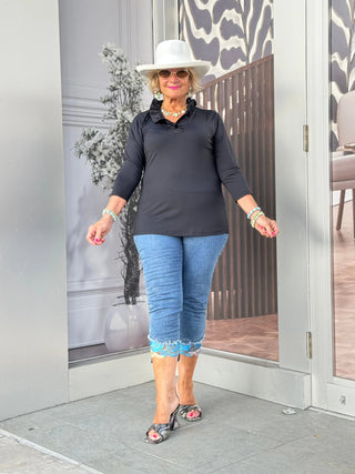 BLACK 3/25 SLEEVE RUFFLE TOP LULU-B