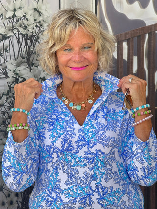 LULU B CORAL BREEZE 3/4 SLEEVE V-NECK COLLAR SHIRT LULU-B