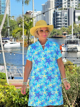 LULU B STARFISH SPLASH HALF ZIPPER SHORT SLEEVE DRESS LULU-B