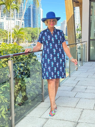 LULU B MIDNIGHT REEF HALF ZIPPER SHORT SLEEVE DRESS LULU-B