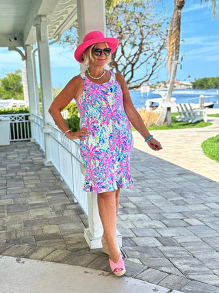 PINK PALM HALTER RUFFLE DRESS LULU-B