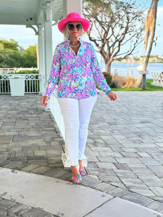 PINK PALM TREE ZIPPER TOP - Cathys Place