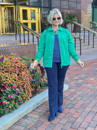 Crystal Zipper Cardigan with Collar Kelly Green Cathys Place