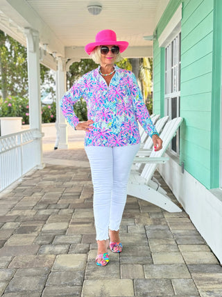 PINK PALM TREE ZIPPER TOP - Cathys Place