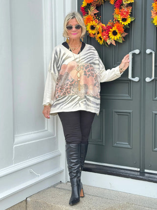 HEARTS & ANIMAL PRINT V-NECK SWEATER Cathys Place